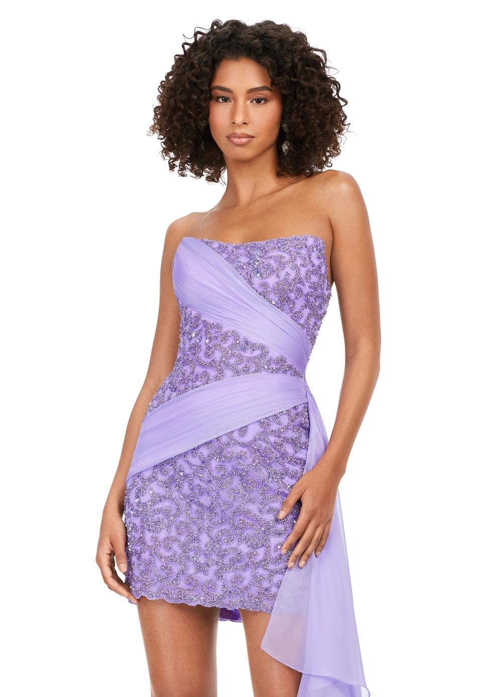 Close Up - Lilac ASHLEYlauren 11392 Fully Beaded Cocktail Dress with Chiffon Wrapped Details and Side Overskirt