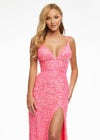 Close Up - Pink ASHLEYlauren 11037 fully hand-beaded gown featuring adjustable spaghetti straps, a V-neckline, wide waistband to accentuate curves, lace-up back, and a left leg slit for an elegant and figure-enhancing look.
