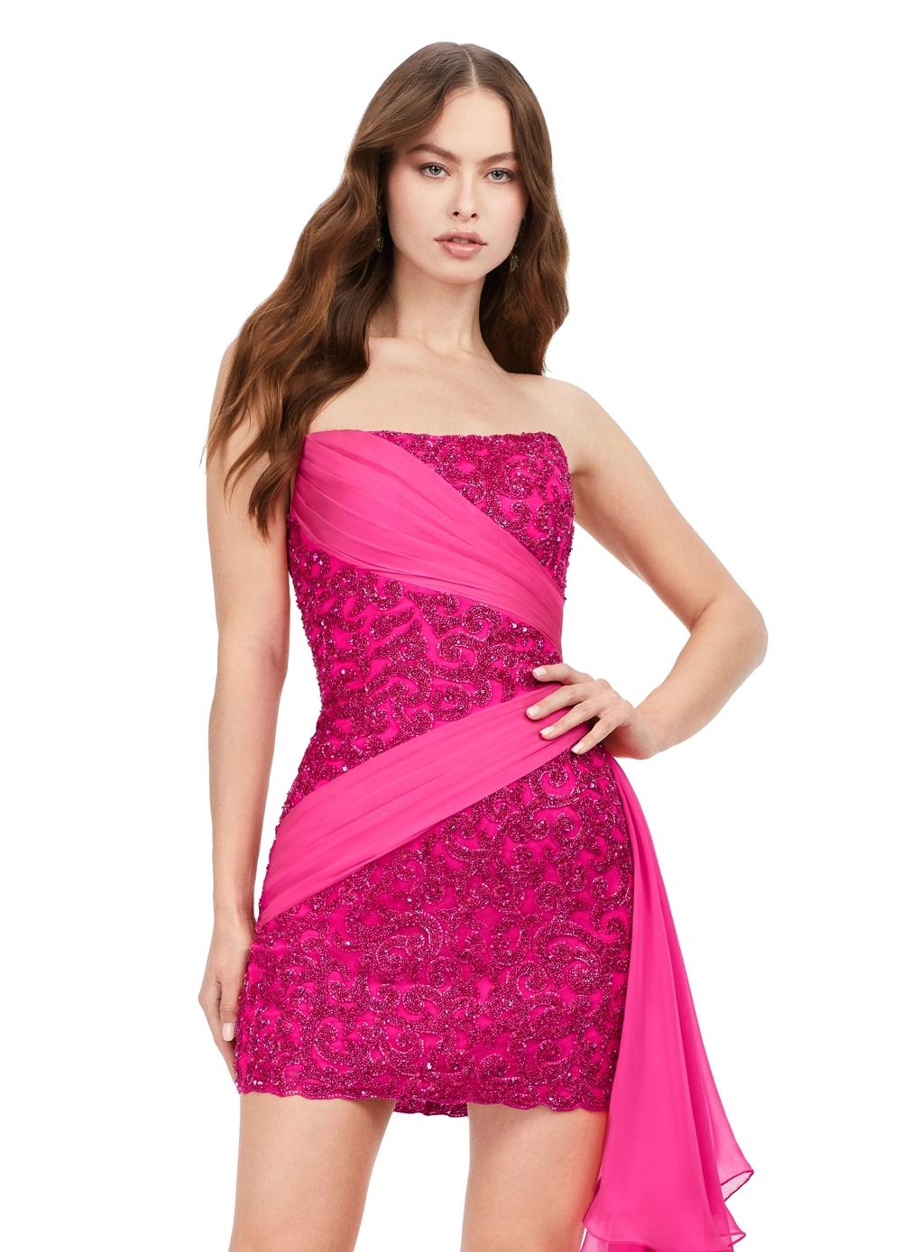 Close Up Pink ASHLEYlauren 11392 Fully Beaded Cocktail Dress with Chiffon Wrapped Details and Side Overskirt
