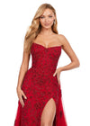 Close Up Red ASHLEYlauren 11405 strapless gown featuring a sweetheart neckline, fully sequined design, glimmering beadwork, full tulle overskirt, and left leg slit for added elegance.