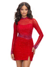 Close Up Red ASHLEYlauren 4736 fitted cocktail dress featuring a high neckline, illusion long sleeves, press-on heat set stones accentuating the collar, cuffs, and waistline for a glamorous and curve-enhancing look.