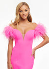 Close-up. Pink ASHLEYlauren 11101 Off-Shoulder Scuba Gown with Sweetheart Neckline, Feather Accents, and Left Leg Slit