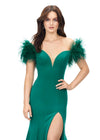 Close-up - Emerald ASHLEYlauren 11101 Off-Shoulder Scuba Gown with Sweetheart Neckline, Feather Accents, and Left Leg Slit