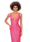 Close up - Hot Pink ASHLEYlauren 11081 Hand Beaded Gown with Deep V-Neckline, V-Back, and Illusion Cut Outs