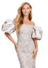Close up - Marble ASHLEYlauren 11432 fully beaded gown featuring an off-shoulder neckline and glamorous taffeta puff sleeves for an elegant and statement-making look.