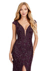 Close up - Wine ASHLEYlauren 11497 fully beaded gown featuring cap sleeves, a V-neckline, deep V-back, and a center slit for an elegant and sophisticated finish.