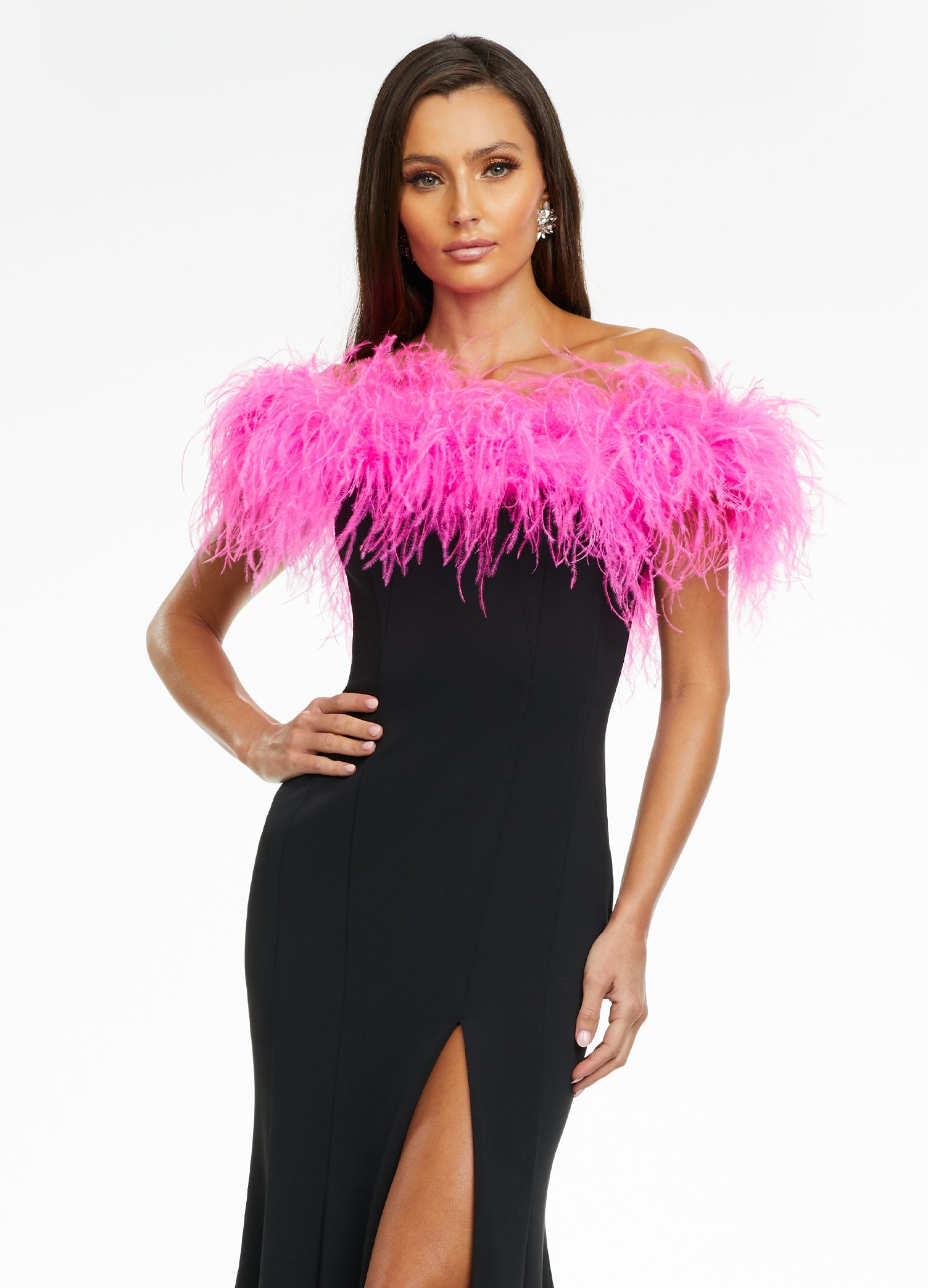 Close up - Black/Pink ASHLEYlauren 11099 Fully Beaded Gown with One-Shoulder Design, Intricate Beading, and High Slit for a Glamorous Look