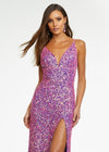 Close up - Multi/Purple ASHLEYlauren 11037 fully hand-beaded gown featuring adjustable spaghetti straps, a V-neckline, wide waistband to accentuate curves, lace-up back, and a left leg slit for an elegant and figure-enhancing look.