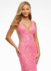 Close up - Pink ASHLEYlauren 11081 Hand Beaded Gown with Deep V-Neckline, V-Back, and Illusion Cut Outs