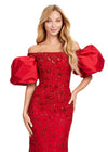 Close up - Red ASHLEYlauren 11432 fully beaded gown featuring an off-shoulder neckline and glamorous taffeta puff sleeves for an elegant and statement-making look.