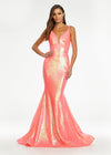 Coral ASHLEYlauren 11108 Sequin Gown with Spaghetti Straps, Illusion V-Neckline, Deep V-Back, Fitted Silhouette, and Horsehair Hem