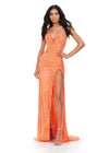 Coral ASHLEYlauren 11236 strapless gown featuring a sweetheart neckline, modern floral sequin motif cascading down the bustier and skirt, and a left leg slit for a glamorous and head-turning look.