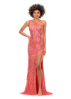 Coral ASHLEYlauren 11244 – A stunning one-shoulder gown featuring intricate beadwork that accentuates your curves, a left leg slit, and a signature asymmetrical lace-up back. Perfect for making a show-stopping statement at any event.