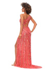 Back - Coral ASHLEYlauren 11244 – A stunning one-shoulder gown featuring intricate beadwork that accentuates your curves, a left leg slit, and a signature asymmetrical lace-up back. Perfect for making a show-stopping statement at any event.
