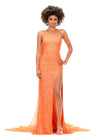 Coral ASHLEYlauren 11371 dazzling one shoulder sequin gown featuring a fully hand-beaded design, a detachable chiffon cape, and a left leg slit, available in vibrant color options for a bold and glamorous statement look.