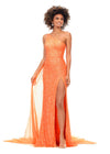 Coral ASHLEYlauren 11371 dazzling one shoulder sequin gown featuring a fully hand-beaded design, a detachable chiffon cape, and a left leg slit, available in vibrant color options for a bold and glamorous statement look.