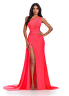 Coral ASHLEYlauren 11539 One Shoulder Jersey Gown with Crystal Accents, Lace Up Back, Cut Outs, and Dramatic Side Skirt
