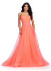 Coral ASHLEYlauren 11597 Strapless Glitter Tulle Ball Gown with Sparkling Trickle Beaded Belt and Voluminous Princess Skirt