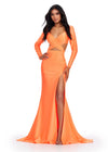 Coral ASHLEYlauren 11607 Unique Jersey Gown with V-Neckline, Long Sleeves, Crisscross Cut Out Wrap Bustier, Draped Fitted Skirt, and Left Leg Slit