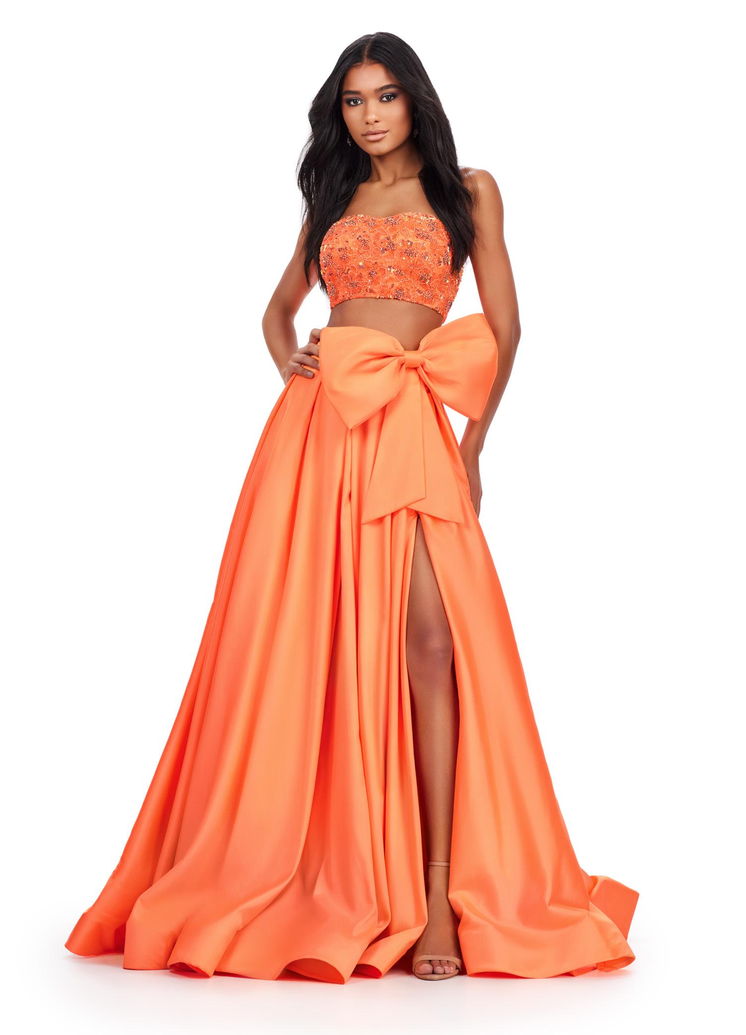 Coral ASHLEYlauren 11650 Two-Piece Ball Gown with Intricately Beaded Strapless Bustier, A-Line Taffeta Skirt, and Statement Oversized Bow Detail