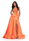 Coral ASHLEYlauren 11650 Two-Piece Ball Gown with Intricately Beaded Strapless Bustier, A-Line Taffeta Skirt, and Statement Oversized Bow Detail