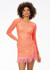 ASHLEYlauren 4438 – A sassy and classy fully hand-beaded long sleeve cocktail dress featuring a fitted skirt with fringe detail along the left leg slit and hemline. Perfect for making a bold, elegant statement at any event.