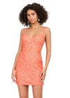 Coral ASHLEYlauren 4625 fully beaded sequin cocktail dress featuring a sweetheart neckline, double spaghetti straps, fitted silhouette, and lace-up back for a glamorous and elegant look.