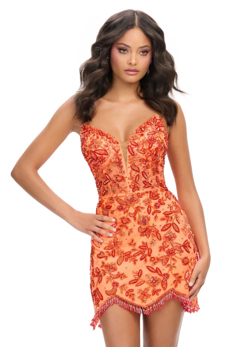 Coral ASHLEYlauren 4703 Strapless Hand Beaded Cocktail Dress with Illusion V-Neckline and Trim Details