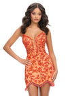Coral ASHLEYlauren 4703 Strapless Hand Beaded Cocktail Dress with Illusion V-Neckline and Trim Details