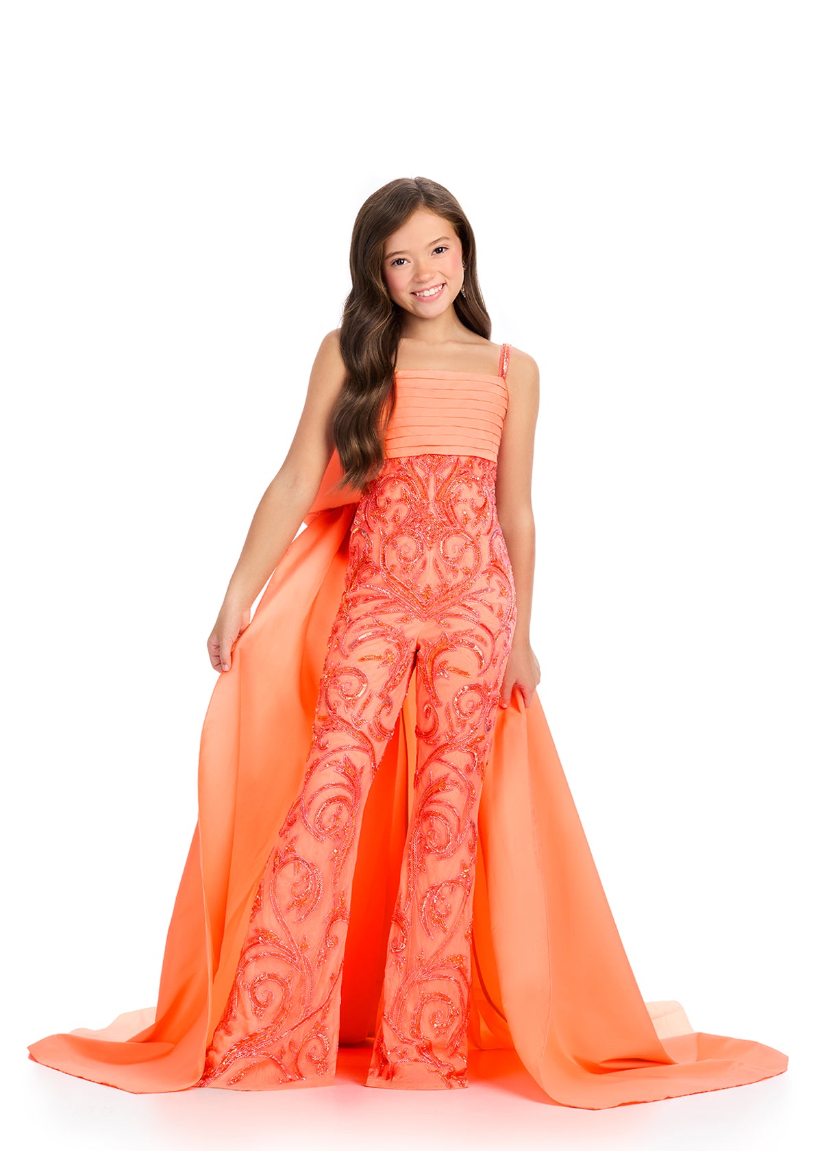 Coral ASHLEYlauren 8292 Spaghetti Strap Fully Beaded Jumpsuit with Oversized Bow and Flowing Taffeta Skirt with Train