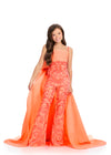 Coral ASHLEYlauren 8292 Spaghetti Strap Fully Beaded Jumpsuit with Oversized Bow and Flowing Taffeta Skirt with Train