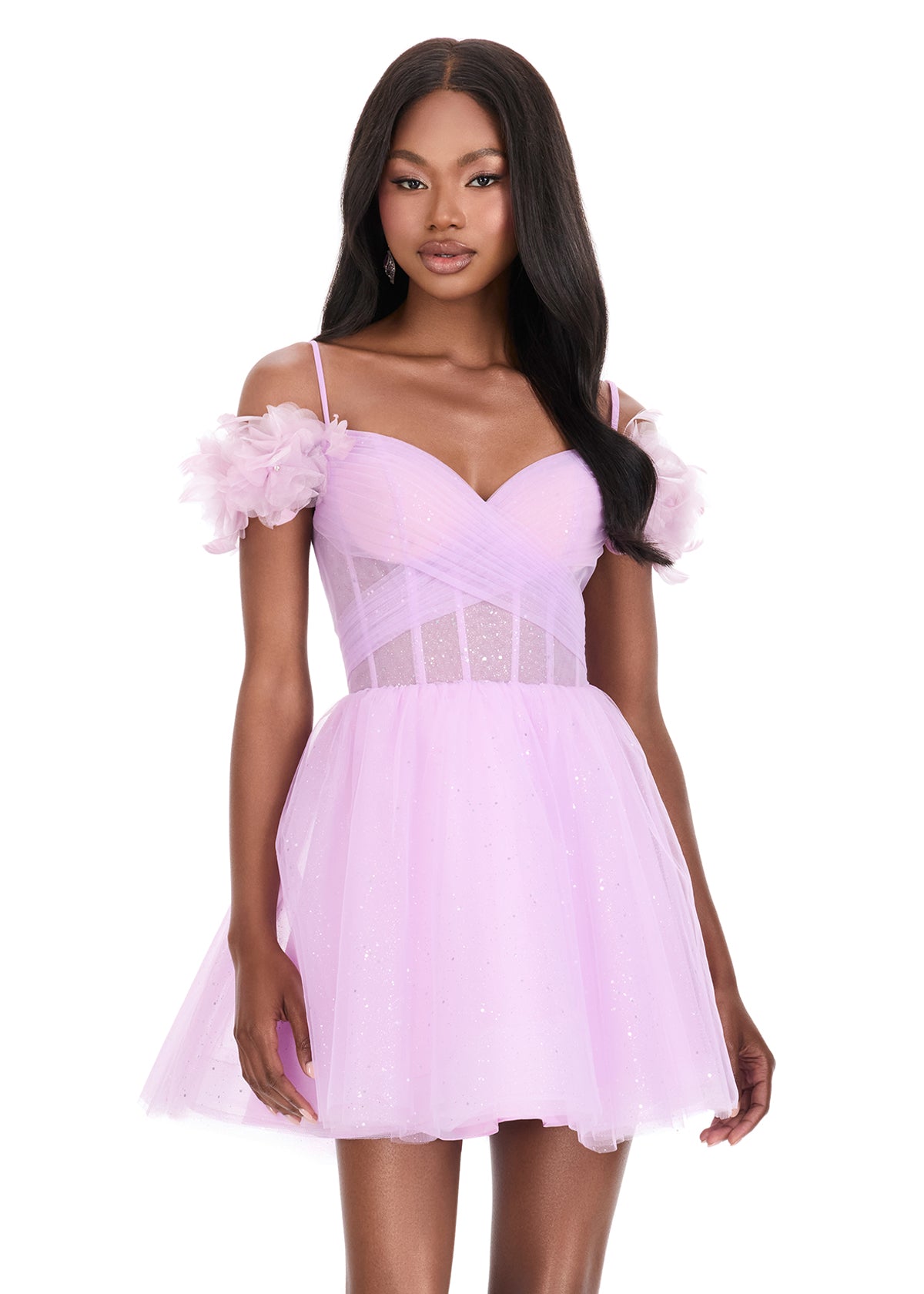 ASHLEYlauren 4817  Glitter Tulle Off-Shoulder Floral Mini Dress