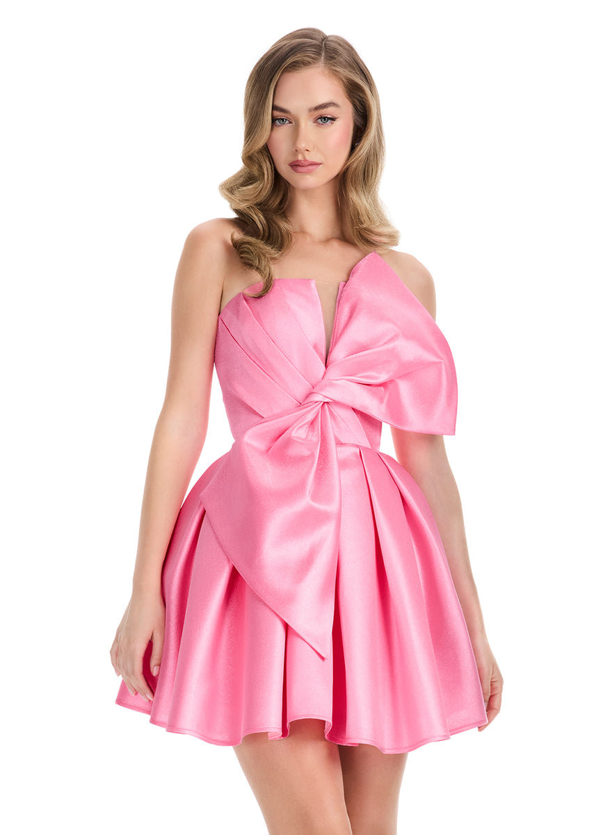 ASHLEYlauren 4816 – Mikado Mini Dress with Oversized Back Bow
