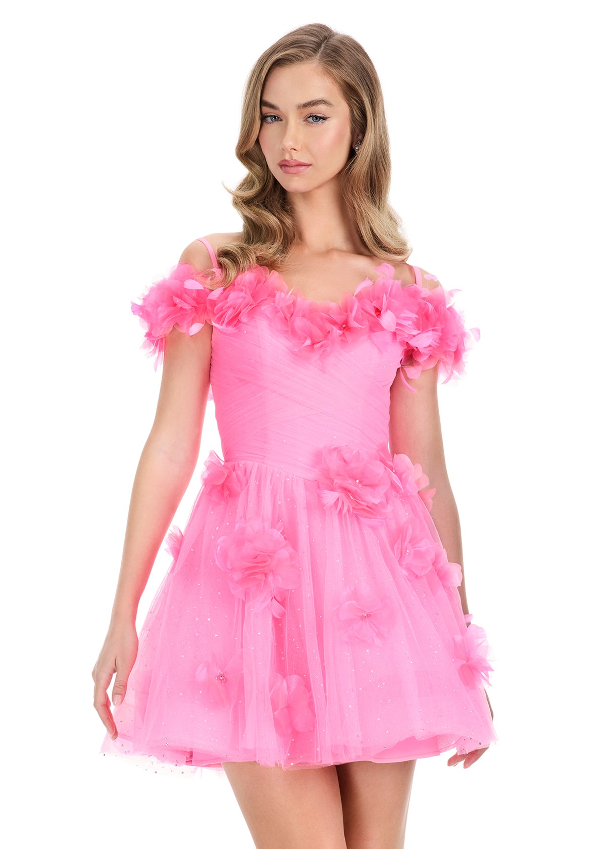 ASHLEYlauren 4818 – Glitter Tulle Mini Dress with Floral Appliqués
