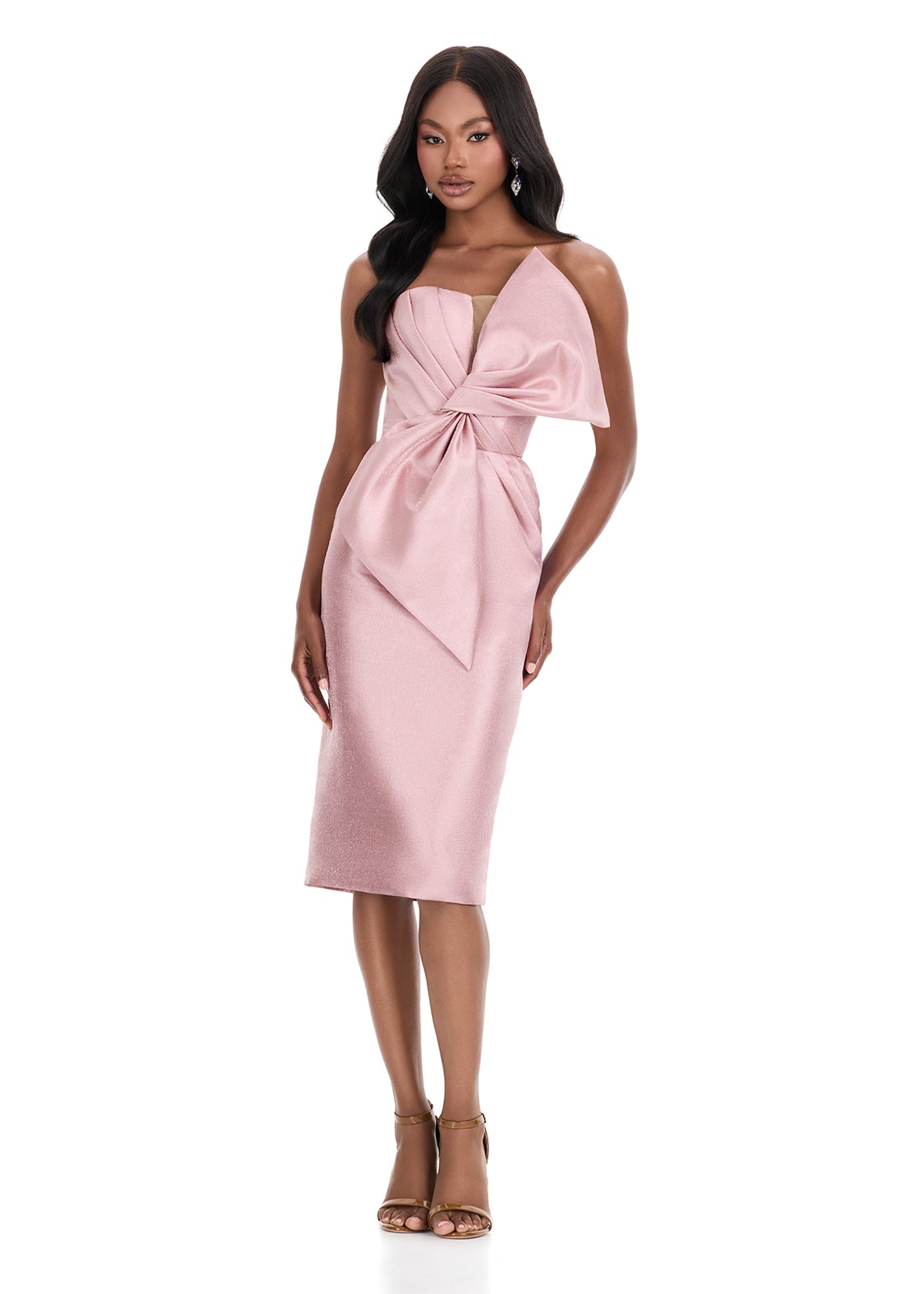 ASHLEYlauren 4820 – Mikado One-Shoulder Midi with Oversized Bow