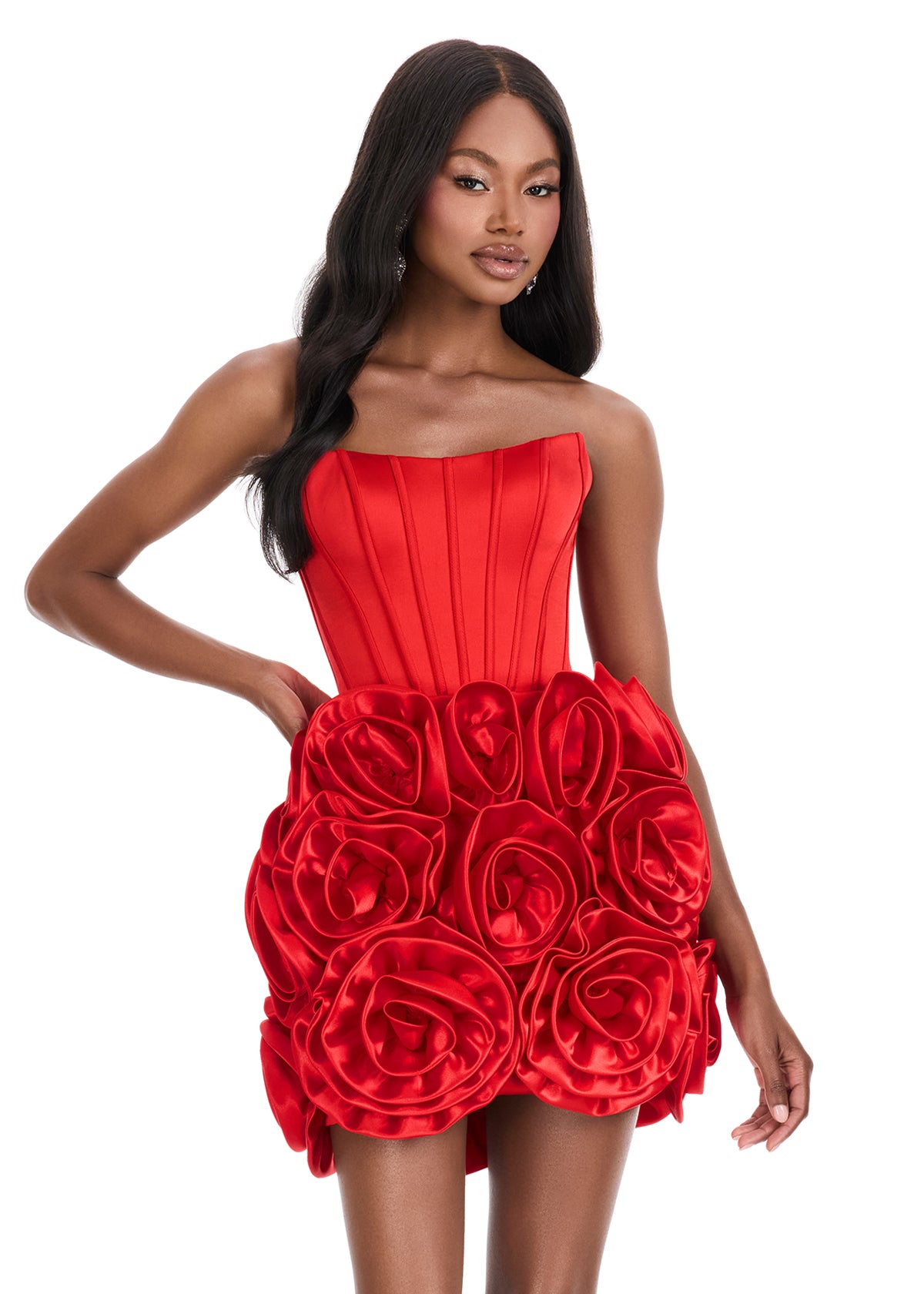 strapless corset floral ruffle dress red Ava Presley 47108 Strapless Floral Ruffle Gown