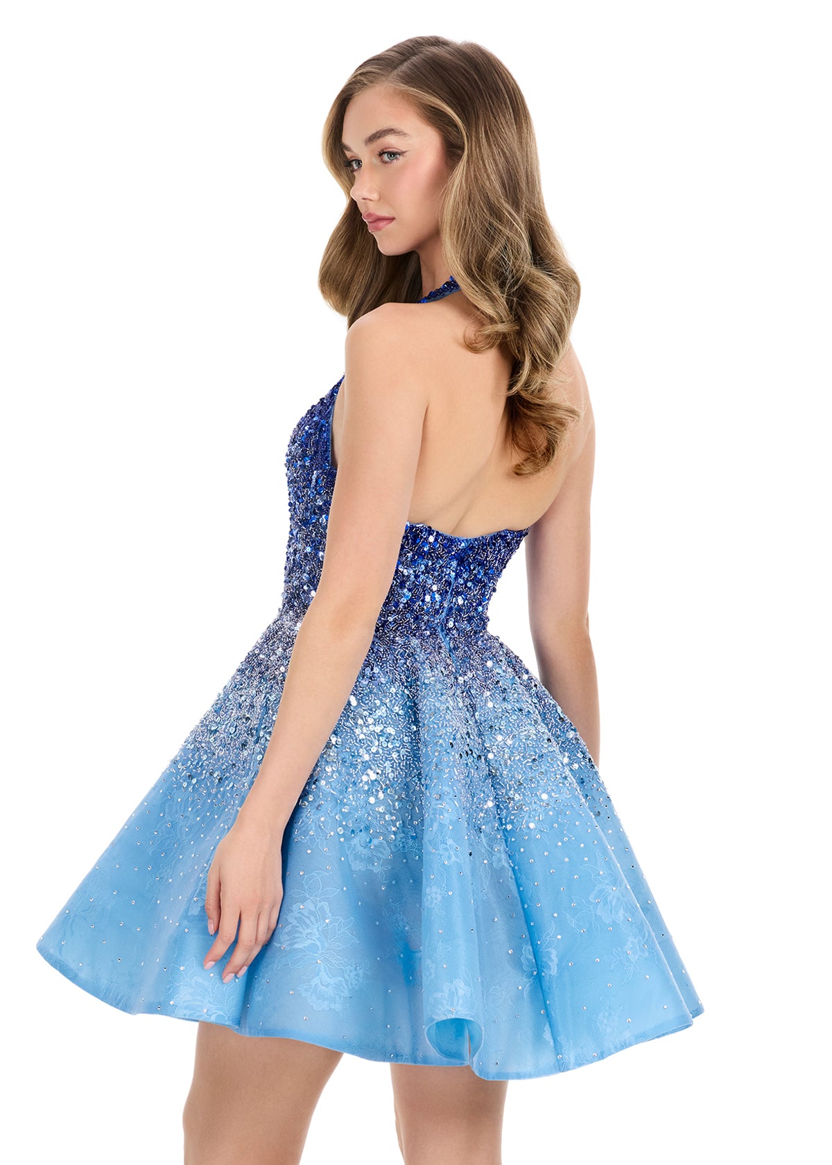 ASHLEYlauren 4833  Beaded Ombr Halter Mini Dress with Lace Detail