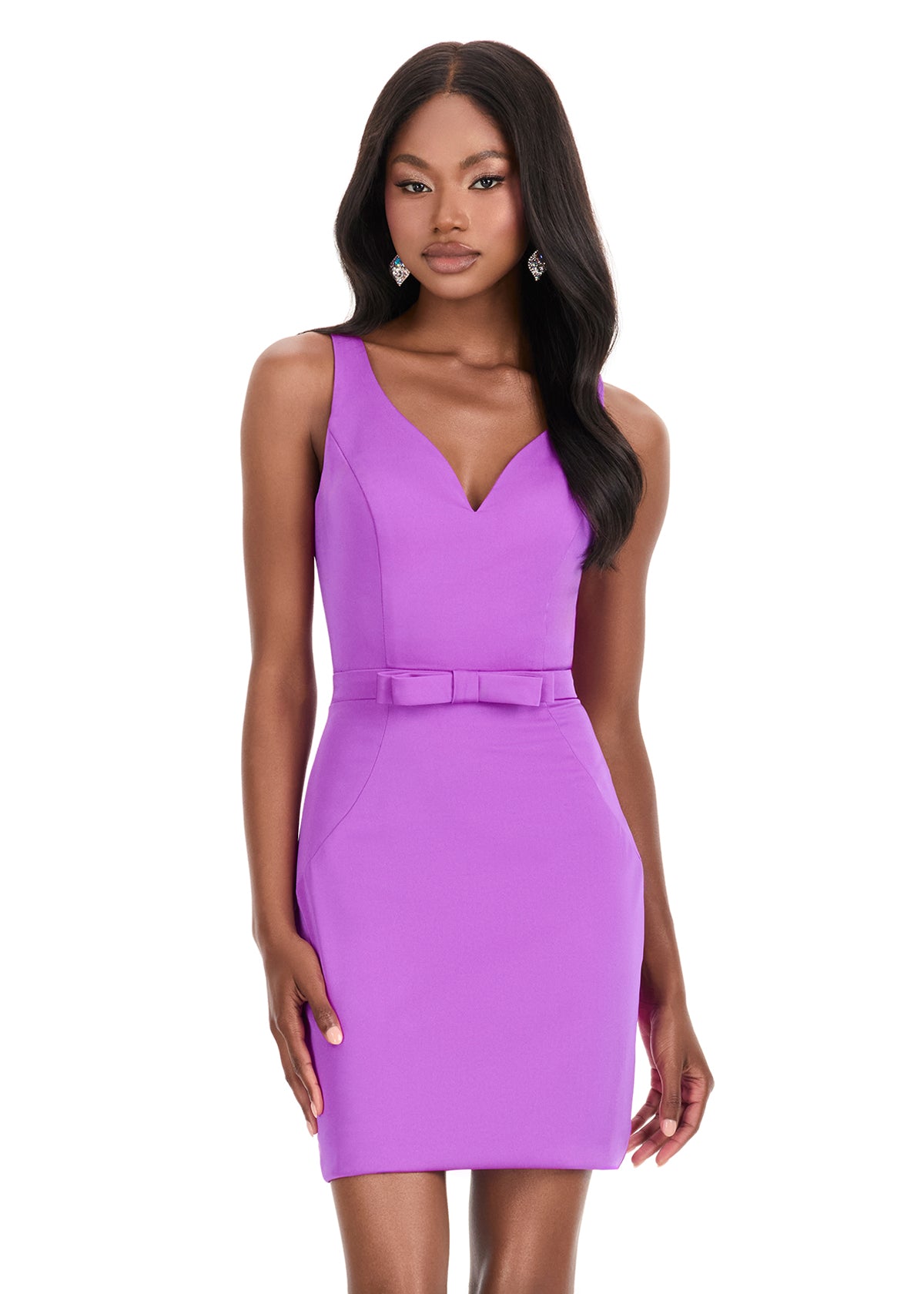 open lace back dress ASHLEYlauren 4835 – Crepe V-Neck Mini Dress with Waist Bow