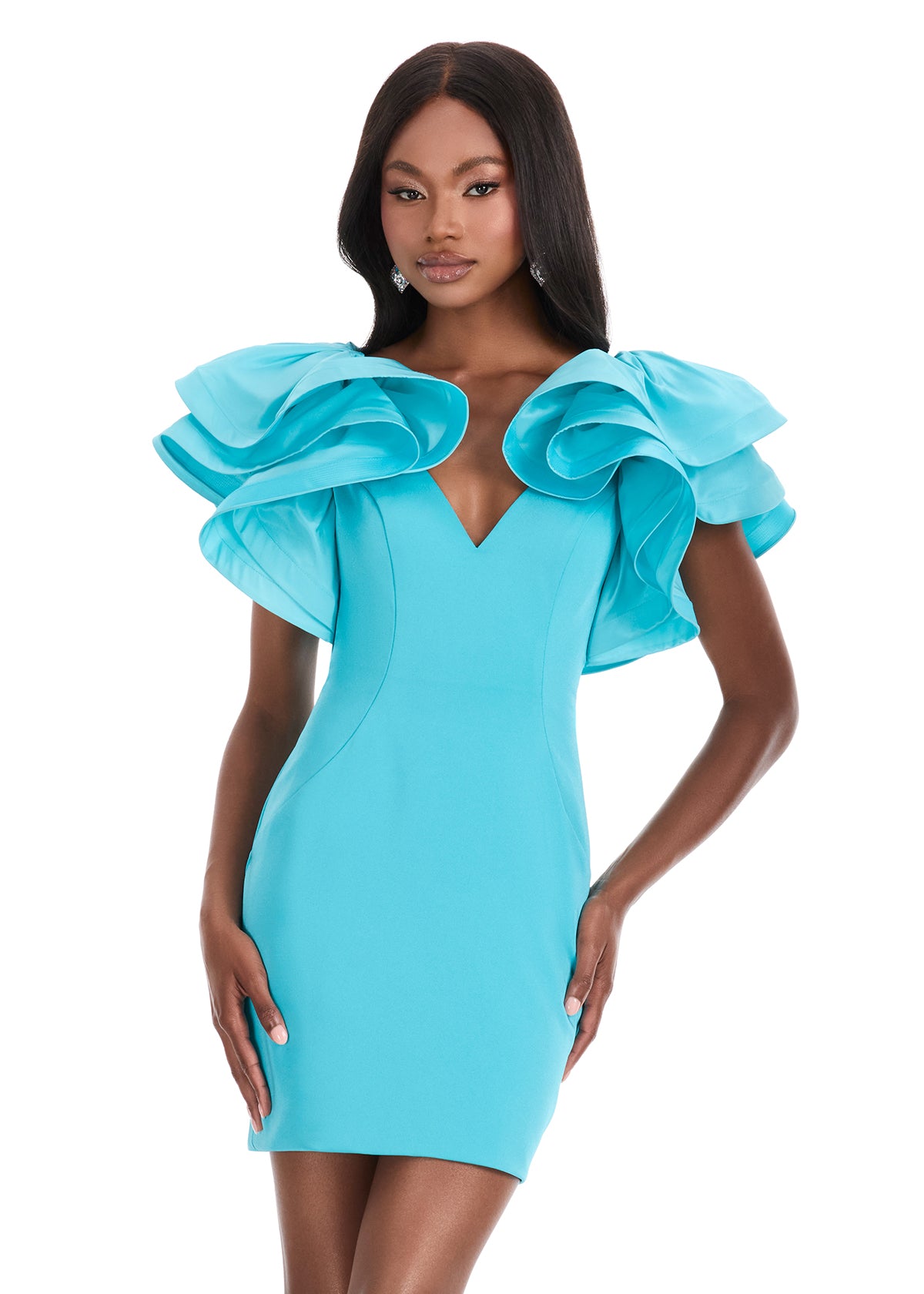 ASHLEYlauren 4841  Crepe Dress with Dramatic Ruffled Sleeves