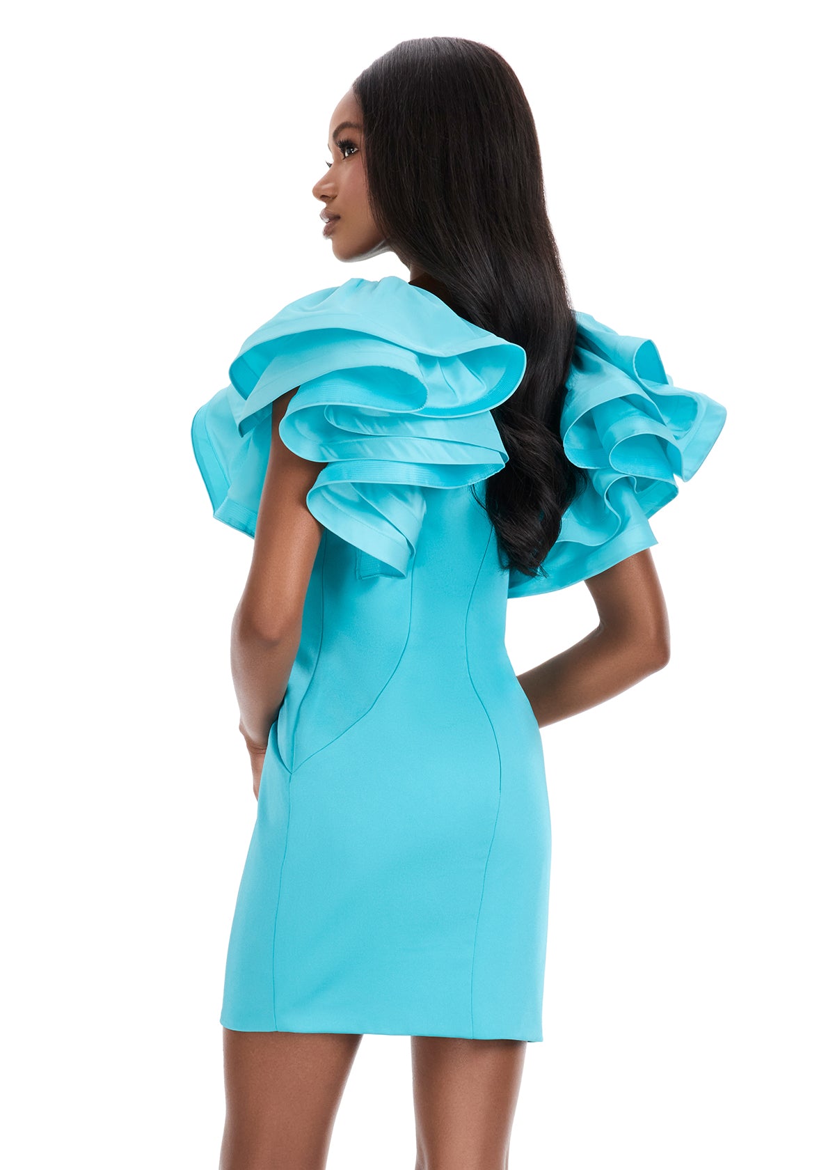 ASHLEYlauren 4841 – Crepe Dress with Dramatic Ruffled Sleeves