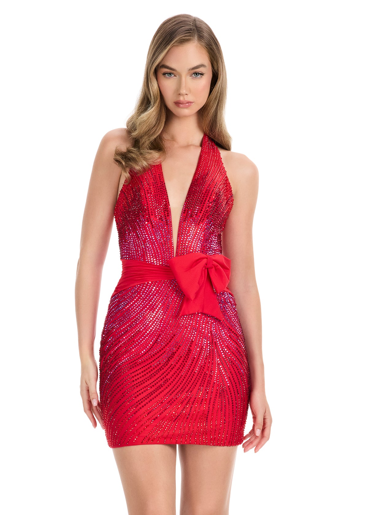 lauren diamond sequin bodycon mini dress ASHLEYlauren 4854 Beaded Jersey Mini Dress with Deep V Neckline