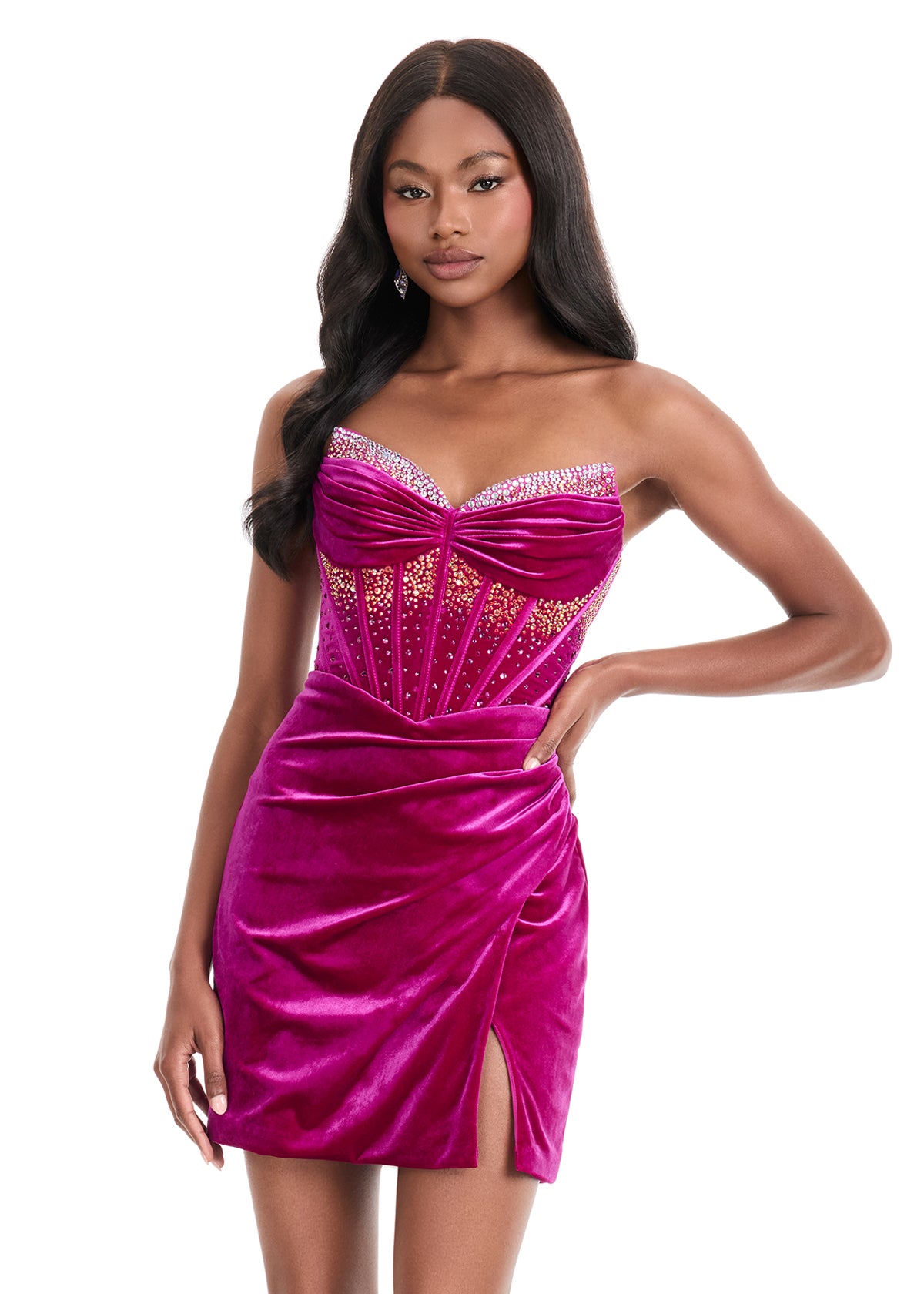 ASHLEYlauren 4865 – Velvet Mini Dress with Beaded Corset Bodice