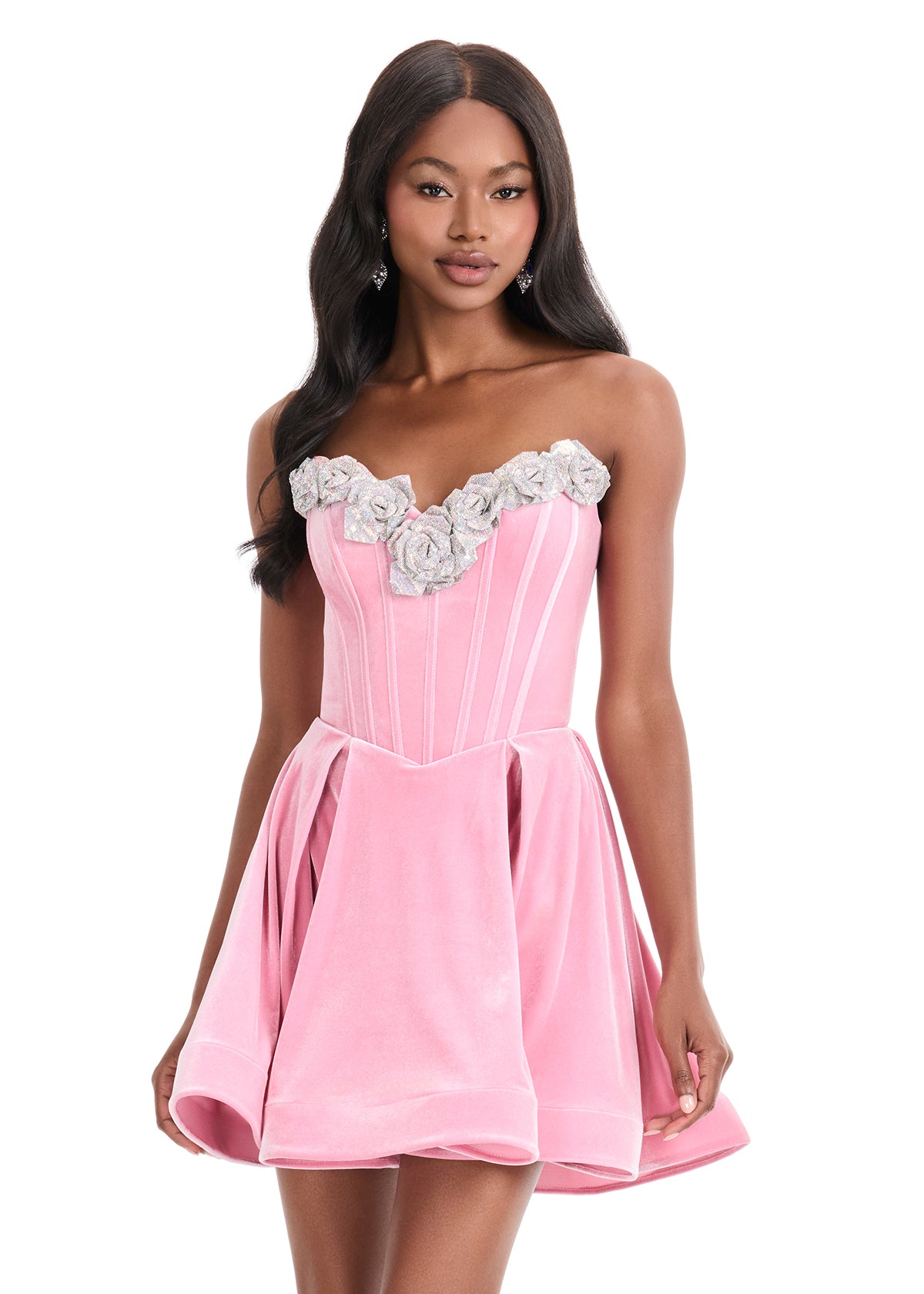 ASHLEYlauren 4871 Velvet Corset Mini Dress with Floral Appliqu ASHLEYlauren 4871 Velvet Corset Mini Dress with Floral Appliqu