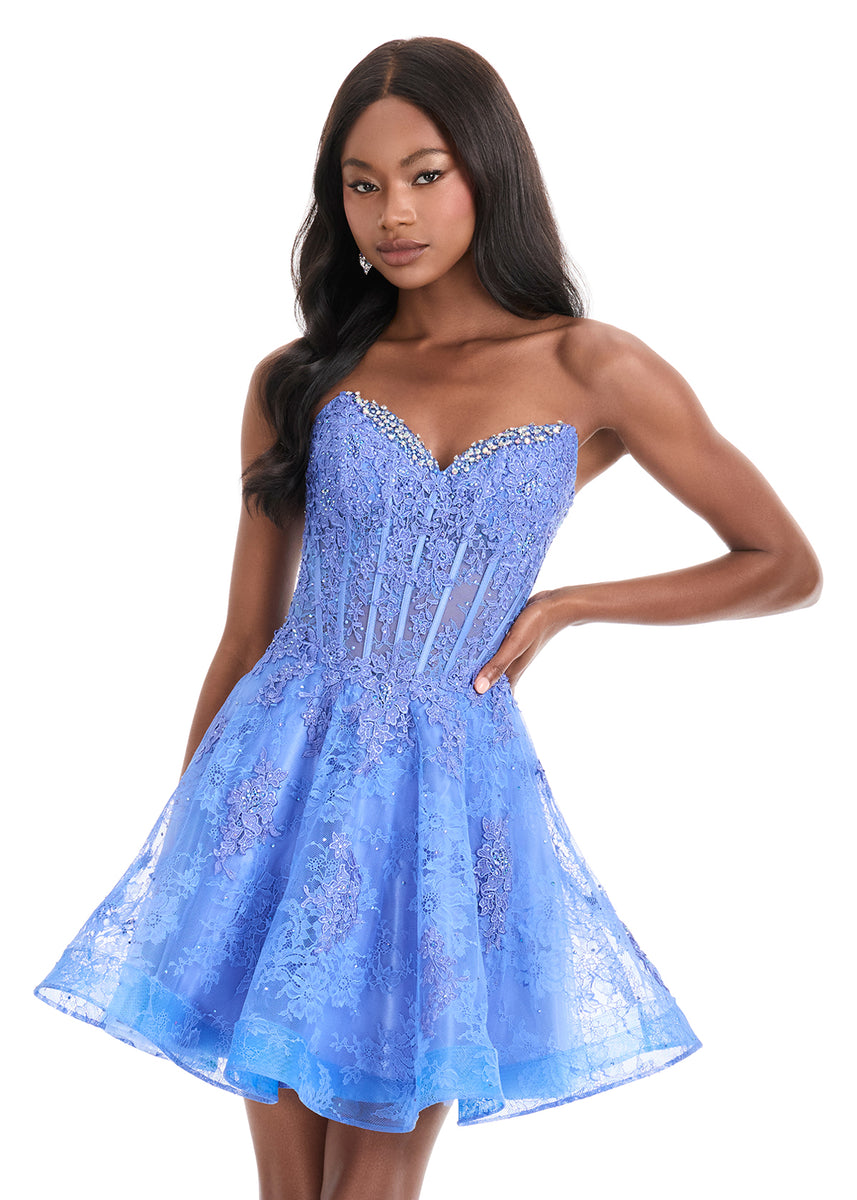 ASHLEYlauren 4882 – Strapless Lace Appliqué Sweetheart Mini Dress