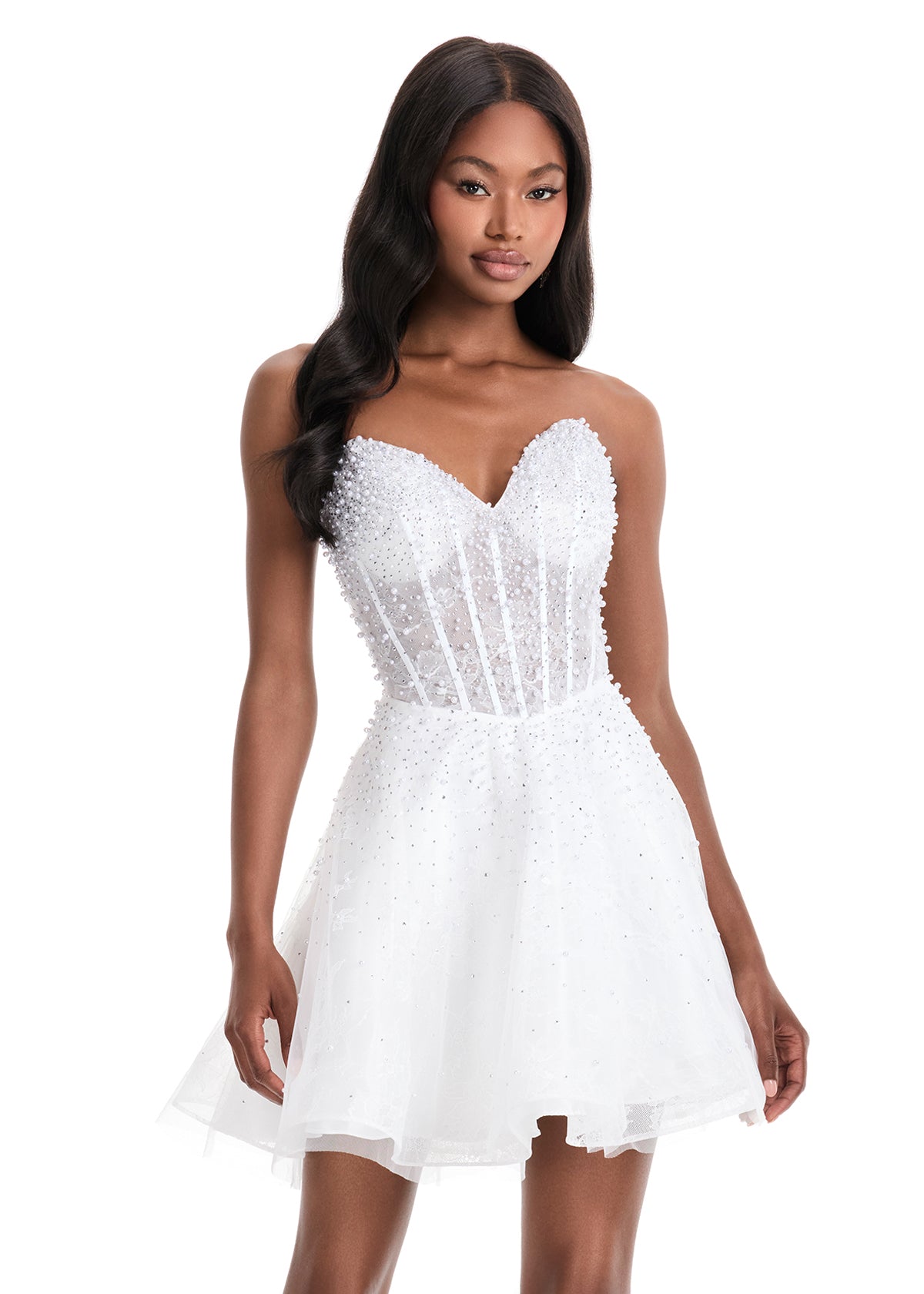 ASHLEYlauren 4924 – Lace Sweetheart Corset Mini Dress with Beading