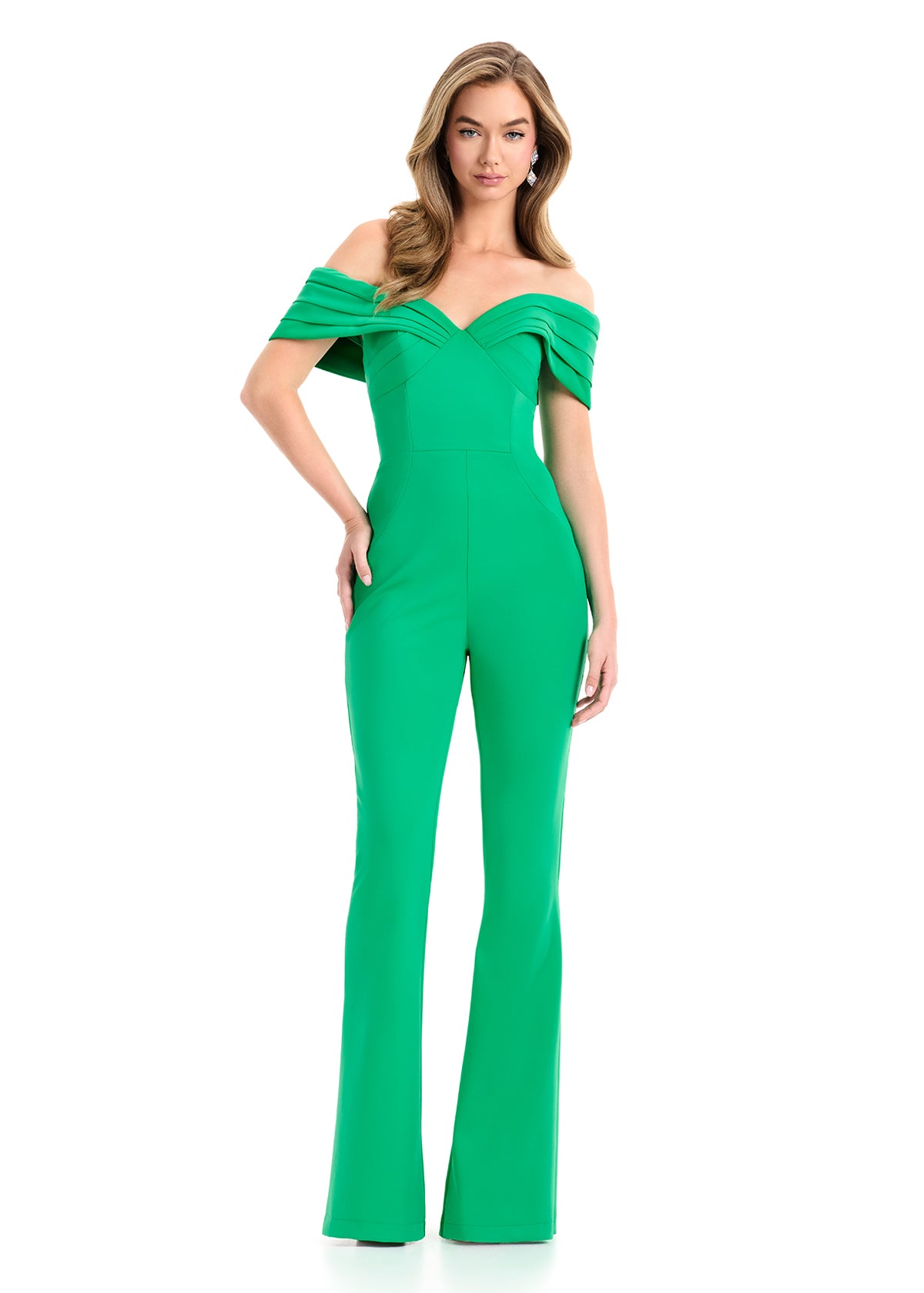 ASHLEYlauren 12054 – Off-Shoulder Scuba Jumpsuit with Flared Legs