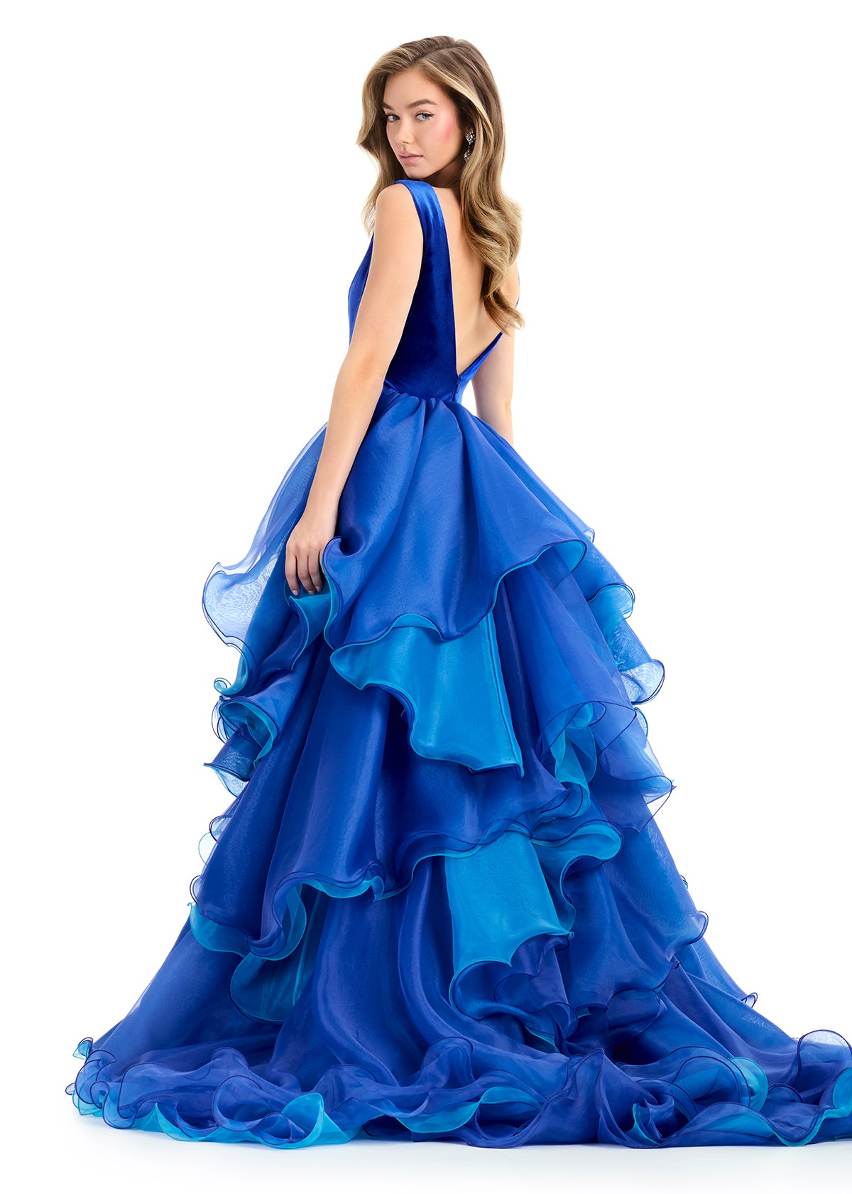 ASHLEYlauren 12049 – Velvet Ball Gown with Layered Organza Ruffles