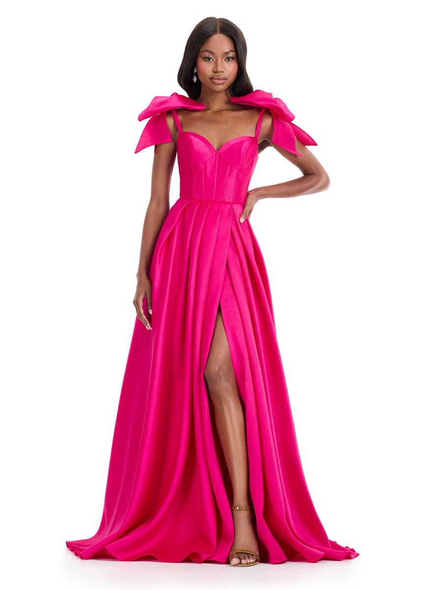 ASHLEYlauren 12065 – Mikado Gown with Bows and Pleated Skirt