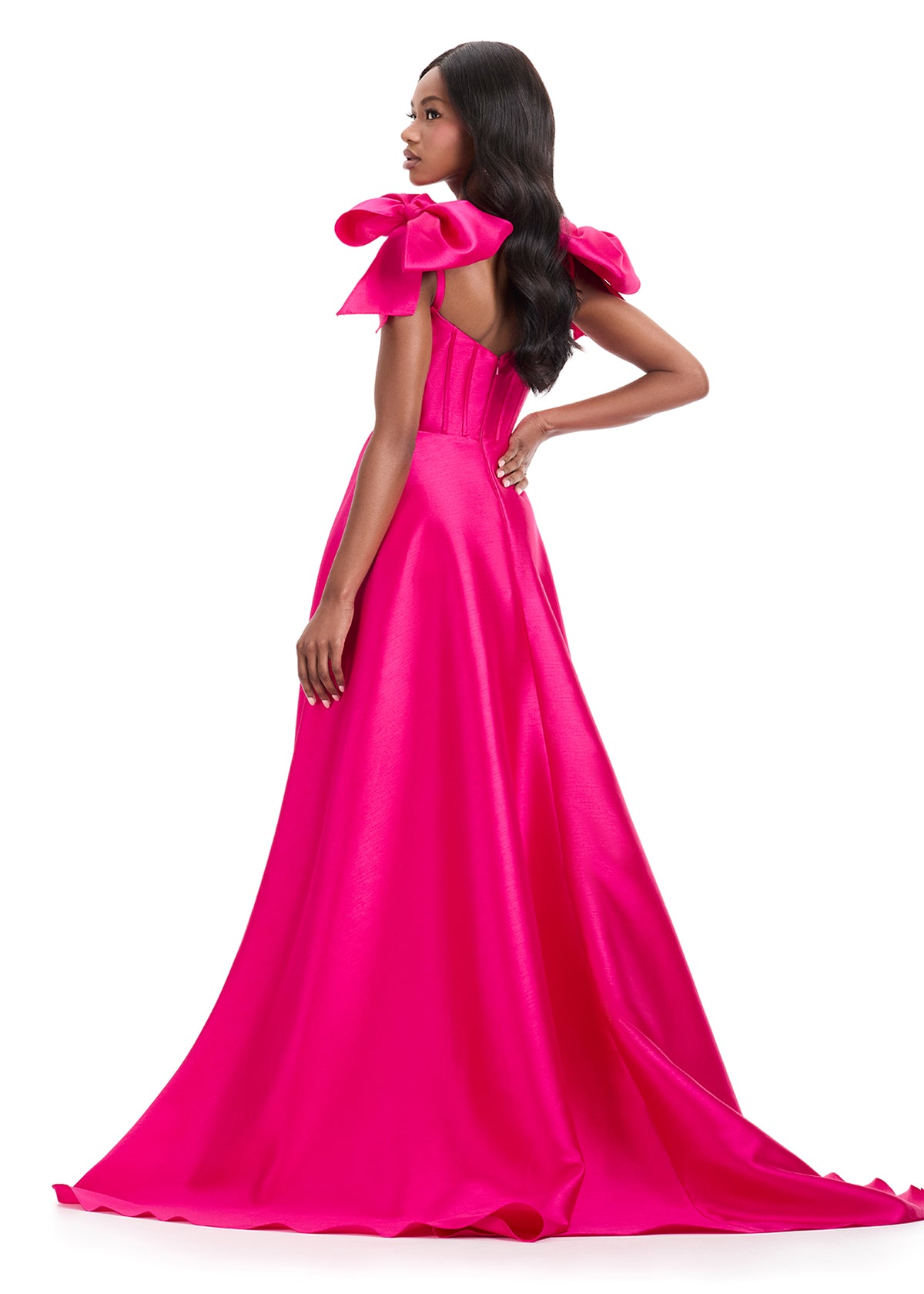 ASHLEYlauren 12065 – Mikado Gown with Bows and Pleated Skirt