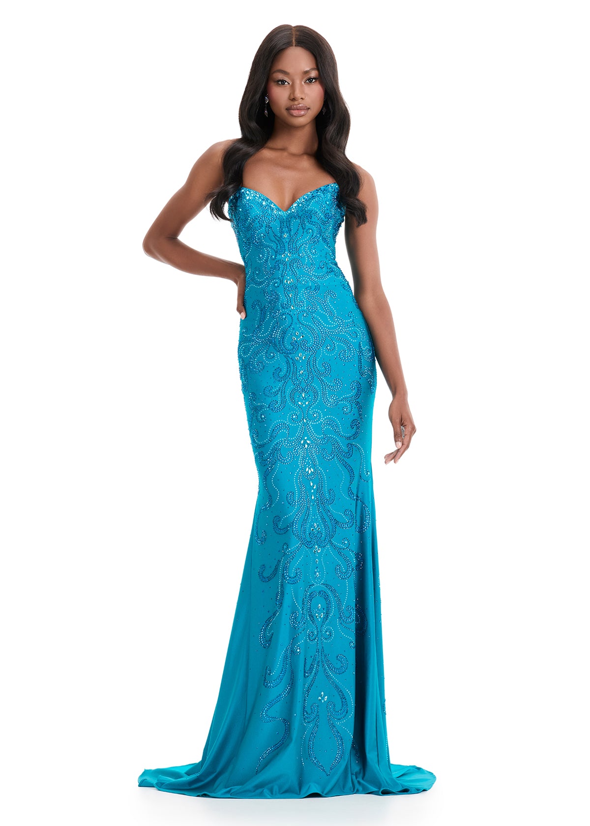 peacock blue evening dress Luxury Pink Feather Evening Dress with Mirror Beaded Bodice LA73008 8 / nude main image 0